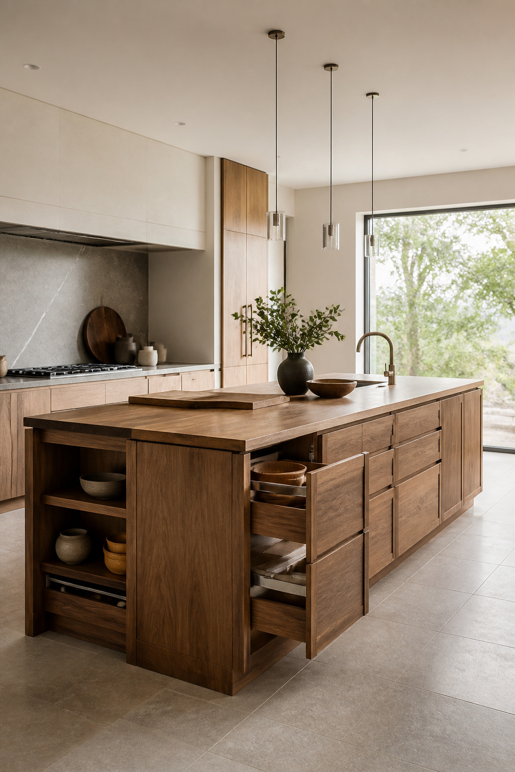 Luxury adaptable wood kitchen island, featuring modular design for evolving culinary needs and future upgrades, in a modern kitchen setting.
