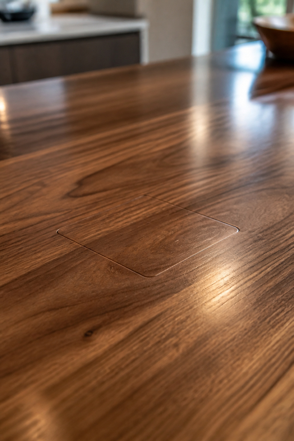 Close-up of a bespoke American Walnut wood kitchen island with a discreetly integrated, flush-mounted pop-up power outlet, showcasing concealed utility and luxury craftsmanship.
