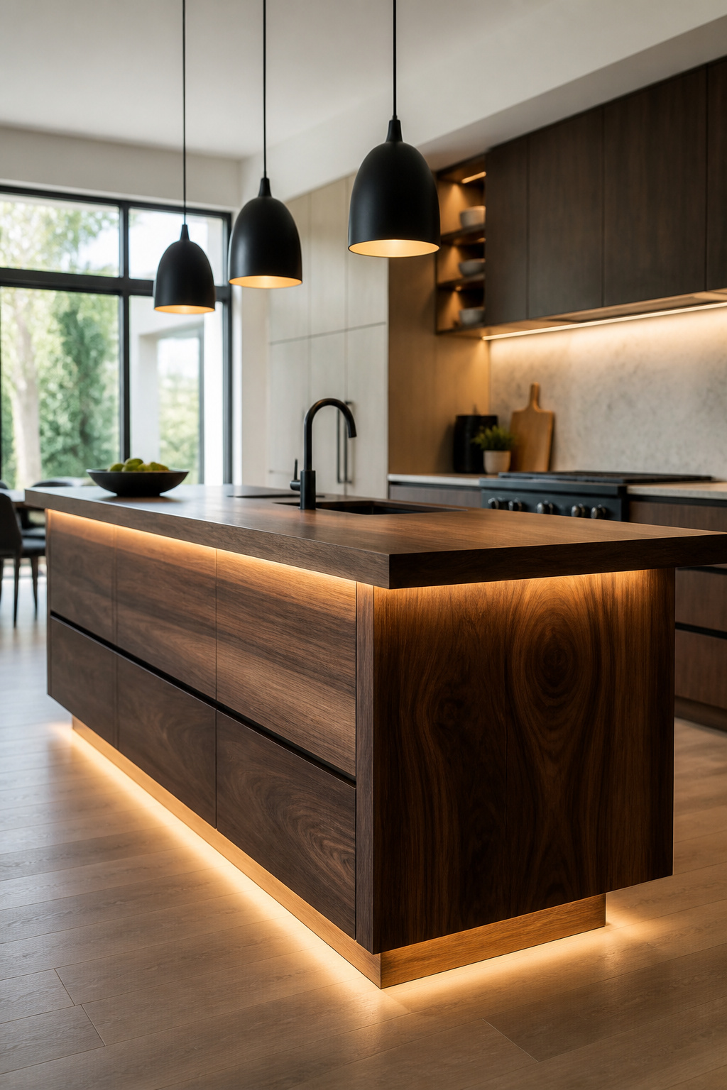 Professional photo of a luxurious wood kitchen island featuring pendant lights for task illumination and integrated LED strips providing warm ambient light, enhancing the rich wood grain and creating an inviting atmosphere.