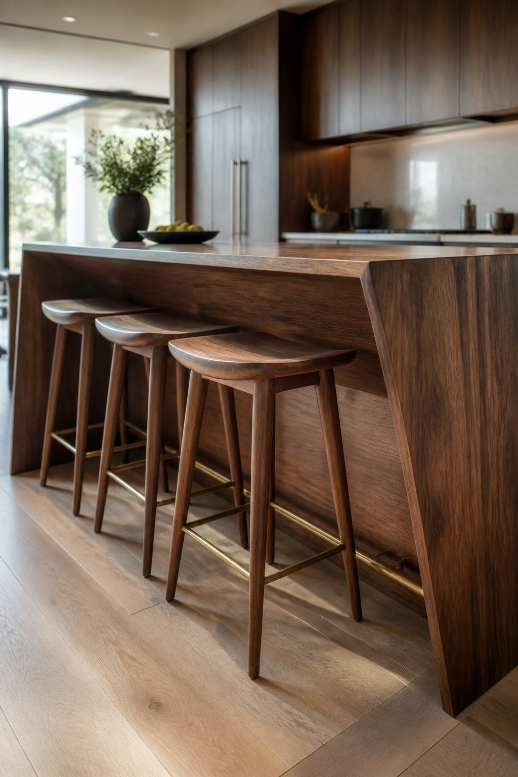 High-end wood kitchen island with integrated ergonomic seating in black walnut, showcasing comfortable design, ample legroom, and refined joinery details for social interaction.
