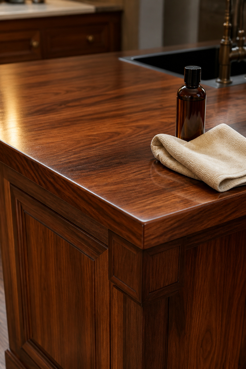 Close-up of a meticulously maintained luxury wood kitchen island surface, with a microfiber cloth and wood cleanser, showcasing deep grain and lustrous finish.