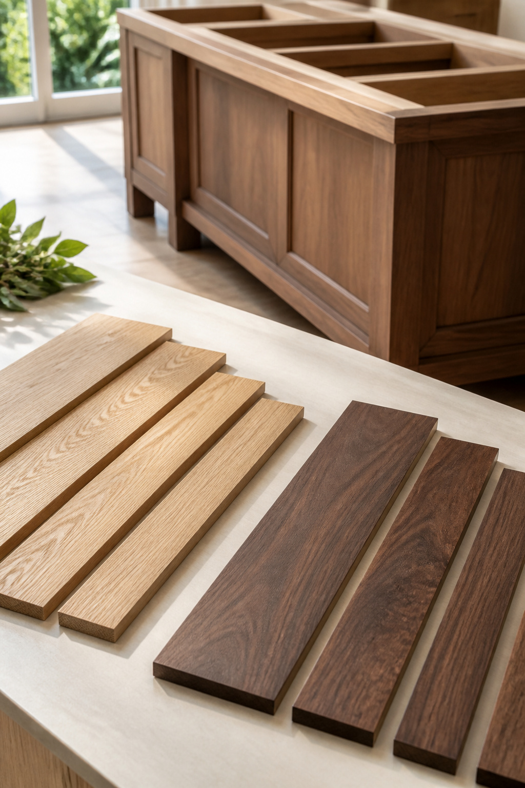 An elegant display of various heirloom wood samples, including quarter-sawn white oak and black walnut, highlighting their distinct grain patterns and rich colors for a luxury kitchen island. The woods suggest durability and the potential for a beautiful patina.