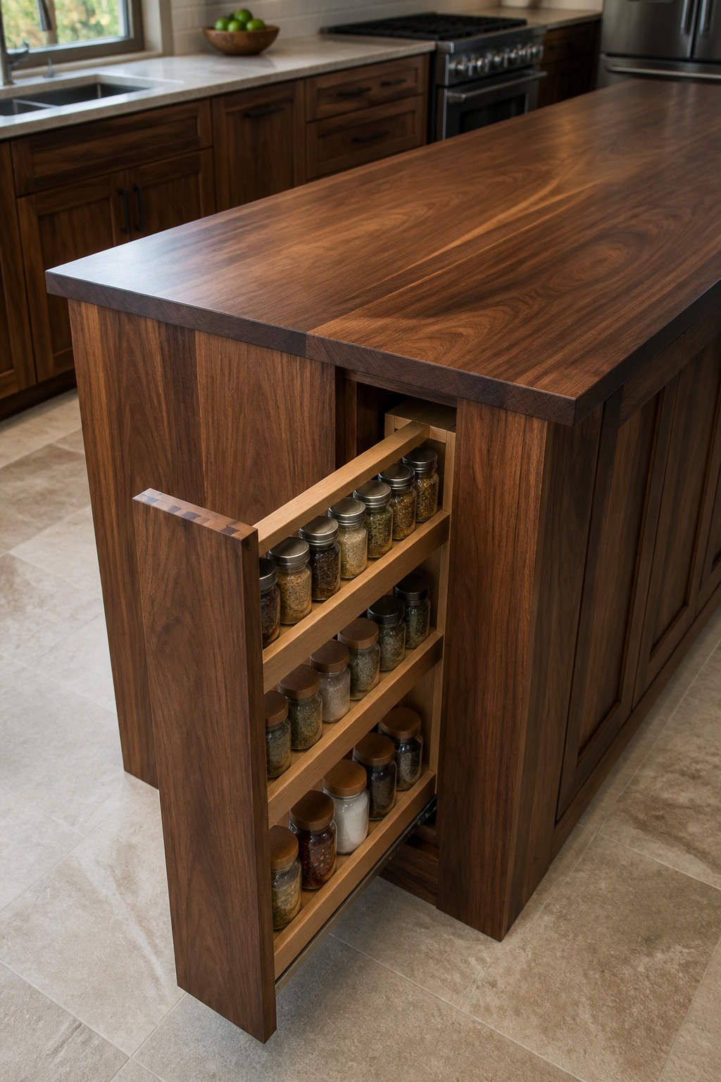 Luxury wood kitchen island, vertical storage, custom spice pull-out, fine joinery, enhanced kitchen accessibility, decluttering.