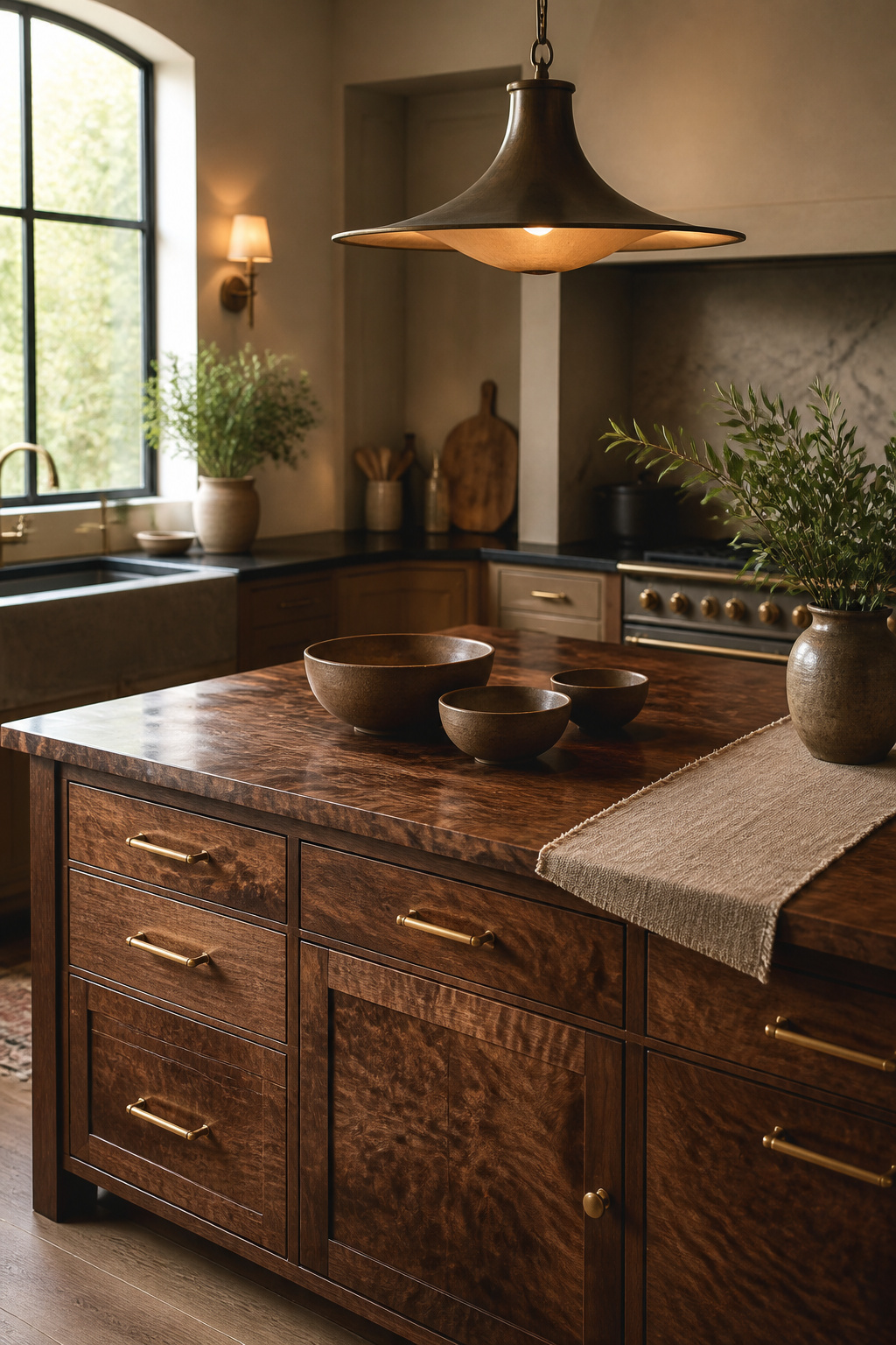 A luxury figured walnut wood kitchen island decorated with hand-thrown earthenware bowls, a textured linen runner, and patinated brass handles, showcasing sophisticated kitchen island decor and textural accents.