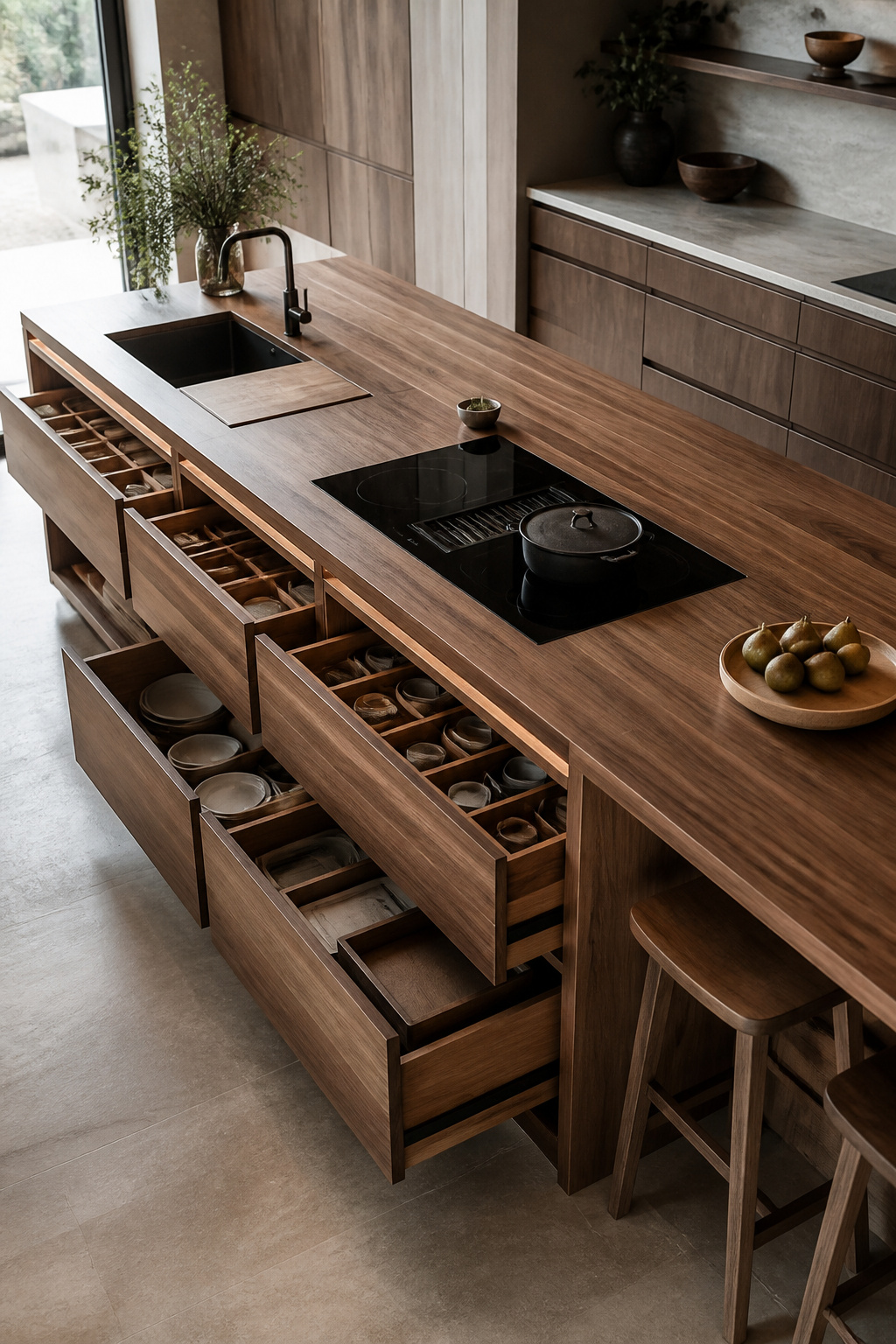 Elegant wood kitchen island designed for optimal workflow and storage, showcasing customized compartments and ergonomic zones in a luxury kitchen setting.