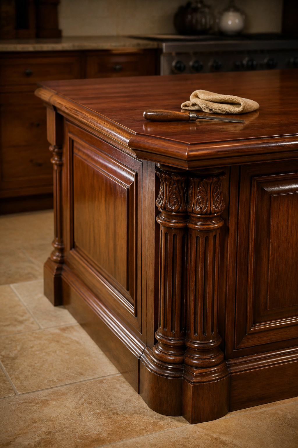 Close-up of a section of a beautifully restored wood kitchen island, showcasing the revived natural grain and a smooth, lustrous finish. The image emphasizes the quality of professional wood restoration.