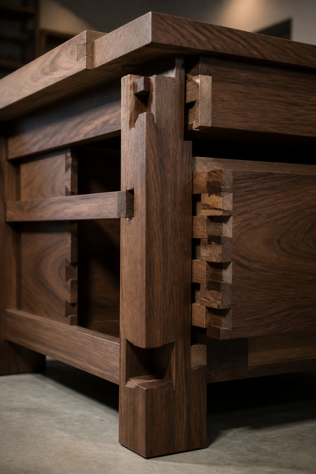 Close-up of bespoke joinery construction in a luxury wood kitchen island, showing hand-cut dovetail and mortise-and-tenon joints for superior strength and artisan appeal.
