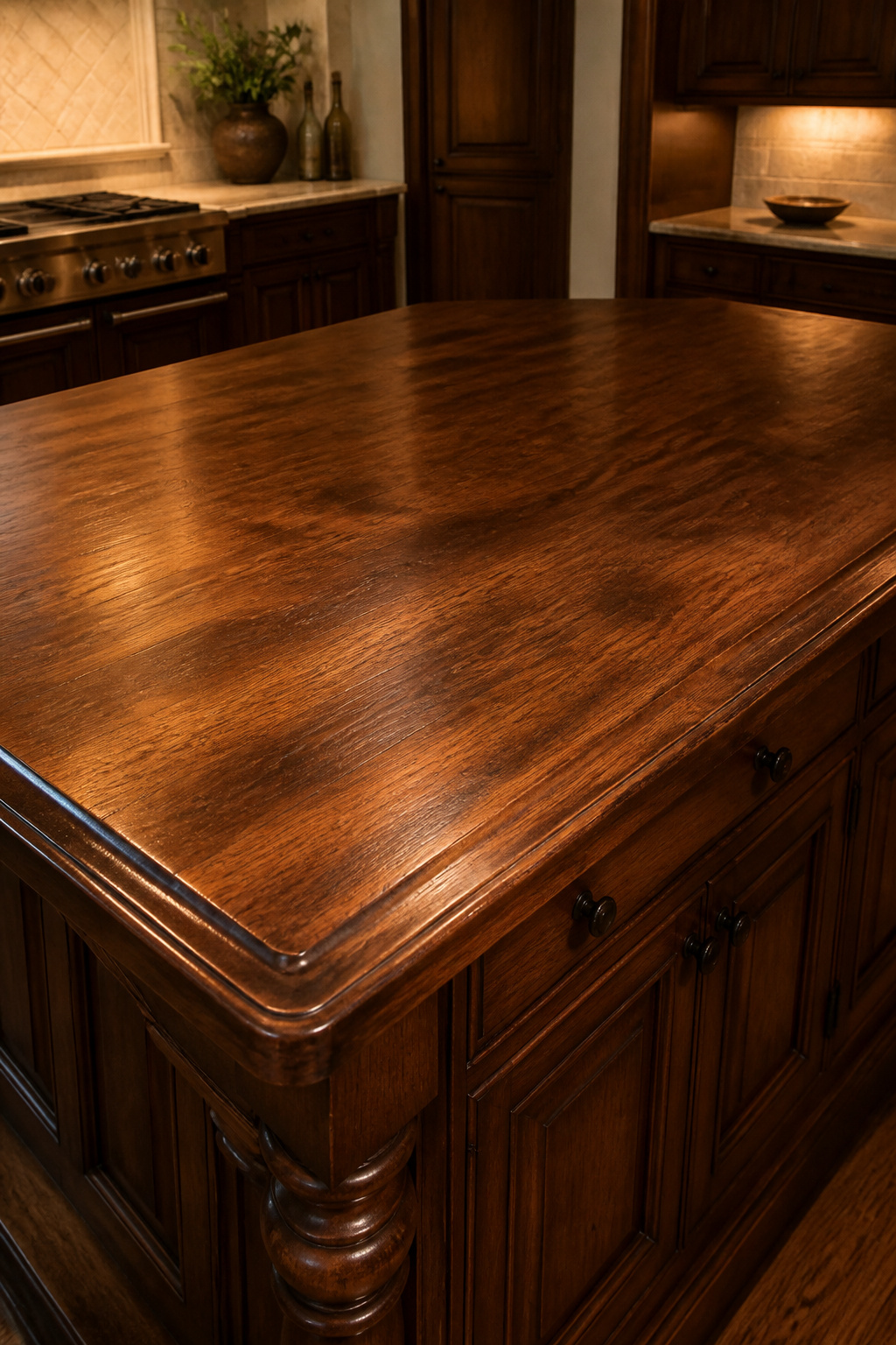Luxurious wood kitchen island surface, gleaming with a deep, rich patina, showcasing the beauty of preserved craftsmanship and subtle aging through artisan care.