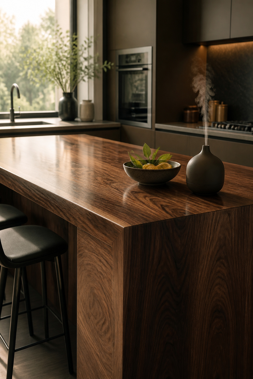 A luxurious black walnut kitchen island with a discreet scent diffuser and natural botanicals, showcasing the harmonious integration of kitchen scents and wood luxury in a sophisticated kitchen setting.