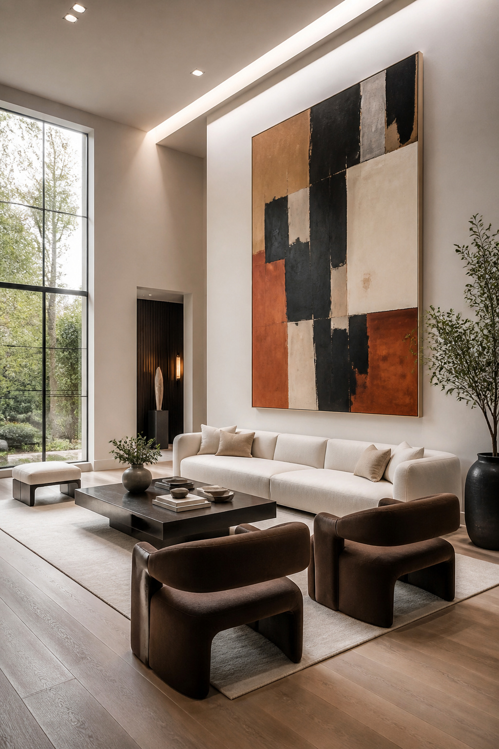 A sophisticated living room showcasing a large, perfectly scaled abstract painting above a modern sofa, illustrating balanced art placement and spatial harmony. The room is elegant, filled with natural light, and devoid of people, emphasizing proportional design principles in interior decor.