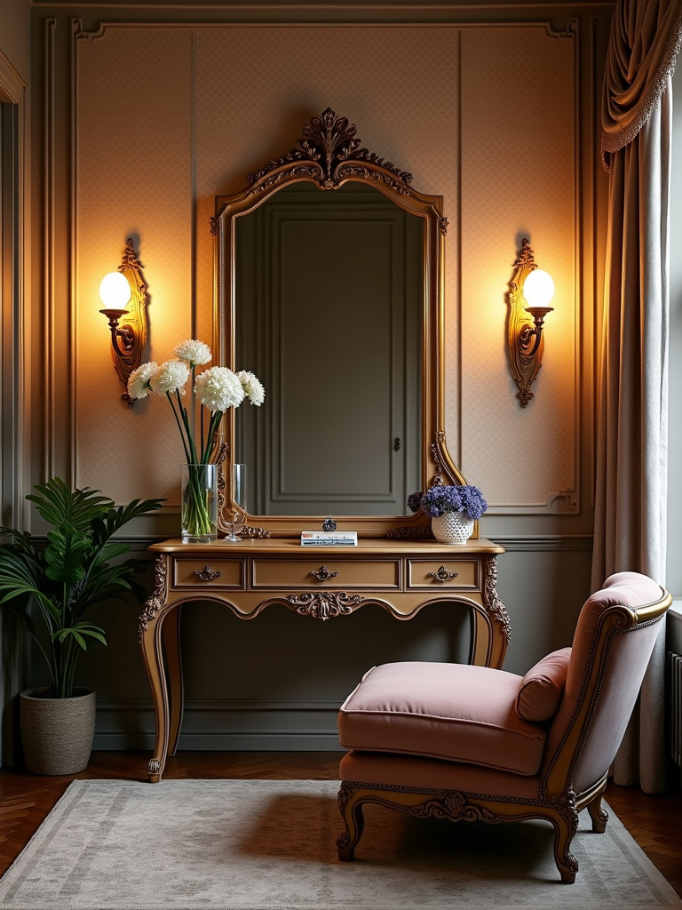 A full 1920s Flapper Era bedroom with a vanity table, chaise lounge, and geometric patterns.