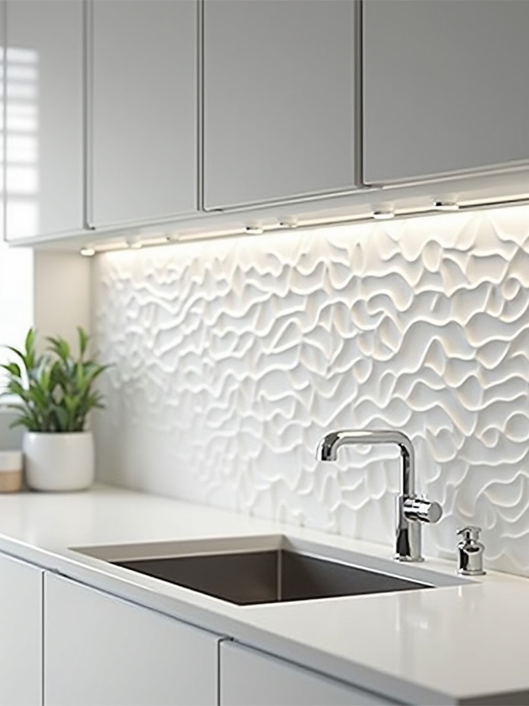 A modern kitchen featuring a white 3D textured tile backsplash and minimalist design