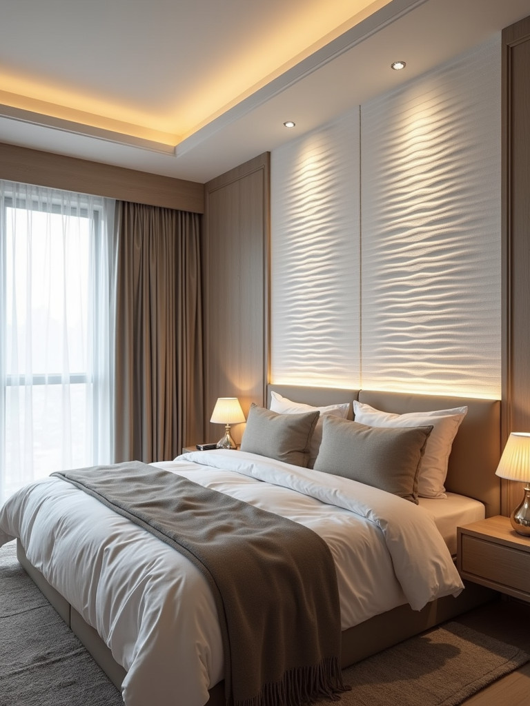 Contemporary bedroom with an accent wall featuring patterned 3D wall panels