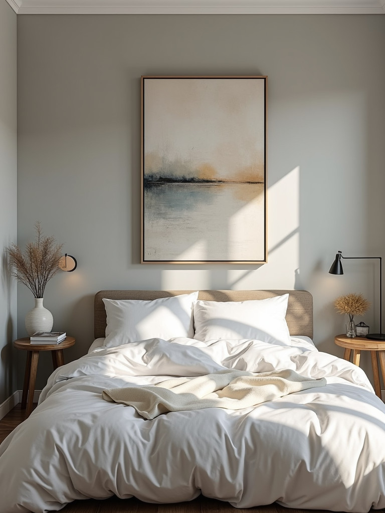 A serene bedroom featuring an abstract canvas print above the bed