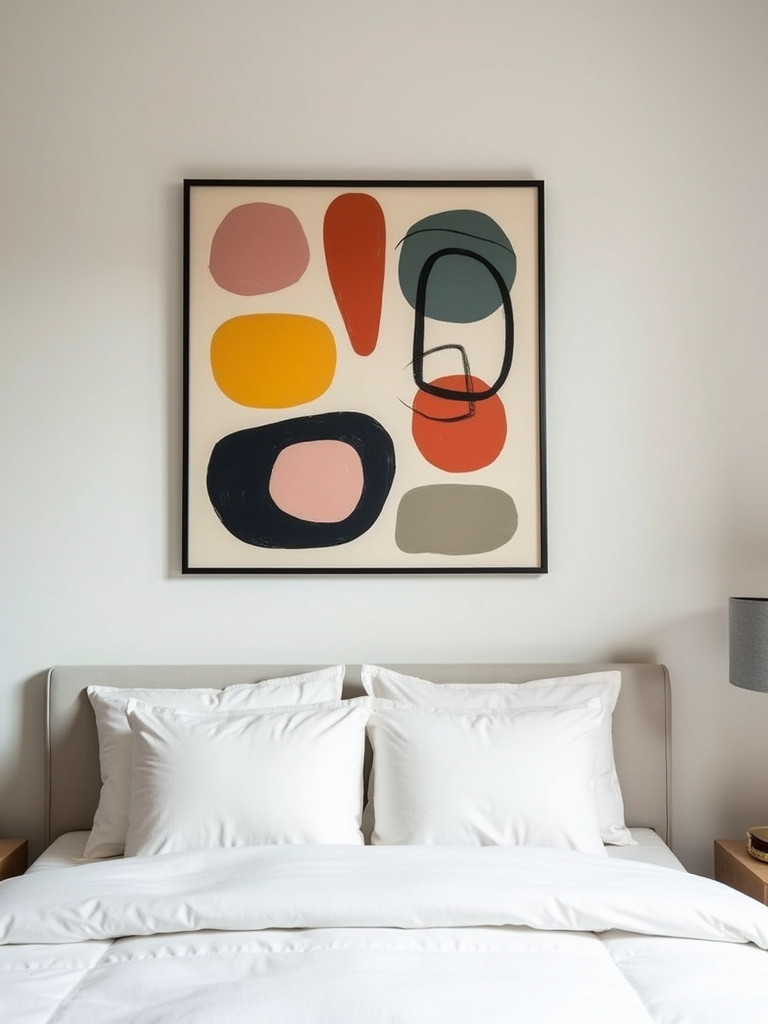 A bedroom wall with a piece of abstract art featuring geometric shapes and bold colors