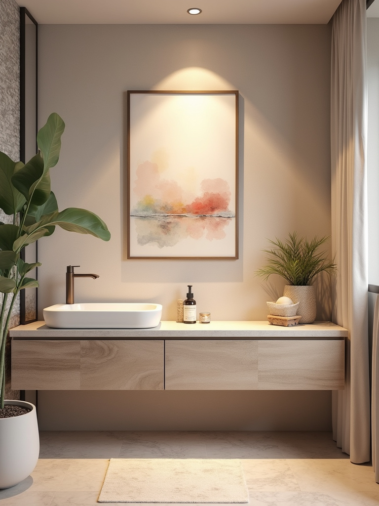 An abstract watercolor painting above a shelf in a modern bathroom.