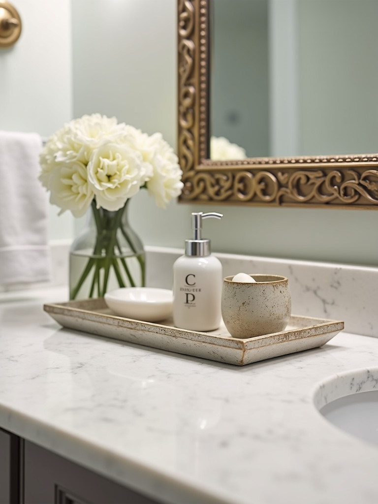 A bathroom vanity with thoughtfully chosen decorative accessories, such as a tray, soap dispenser, and a vase with flowers.