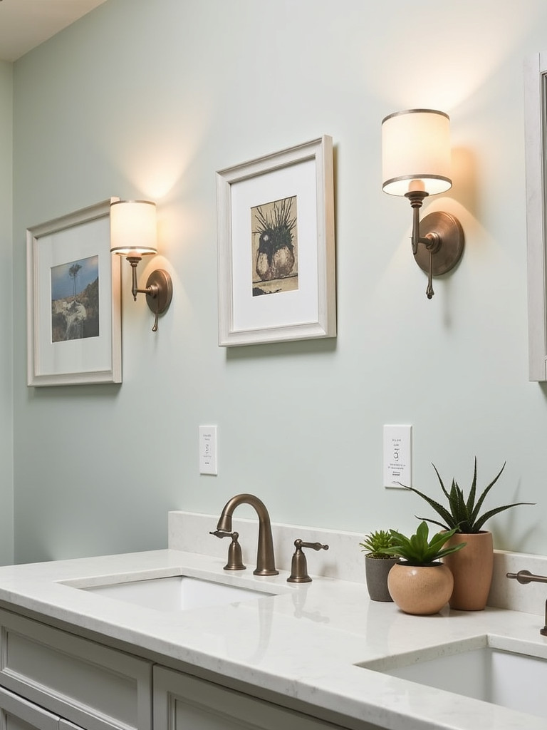 Bathroom with framed artwork and decorative accessories