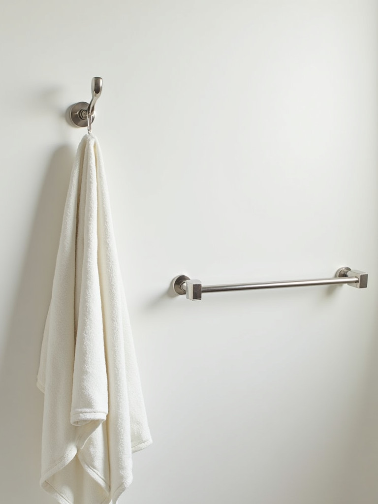 Brushed nickel towel rods and hooks in a bathroom