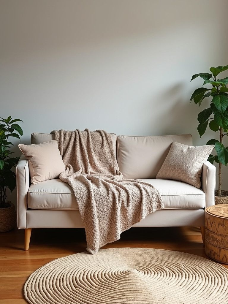 A living room with a variety of textures, including a knitted blanket