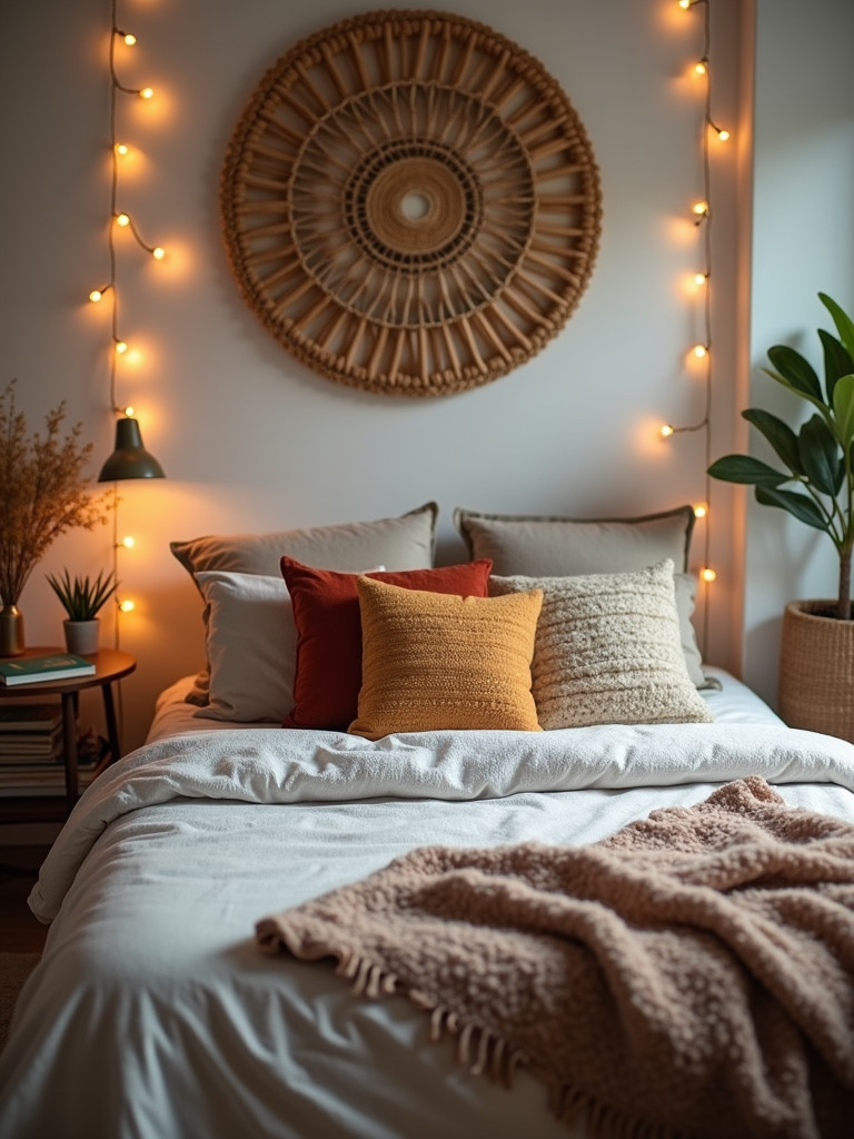 A bohemian bedroom with textured textiles and string lights