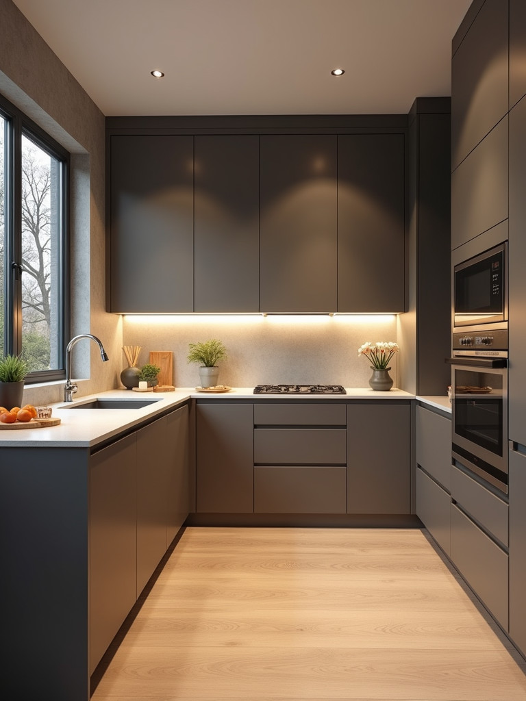 A modern kitchen featuring functional under-cabinet lighting