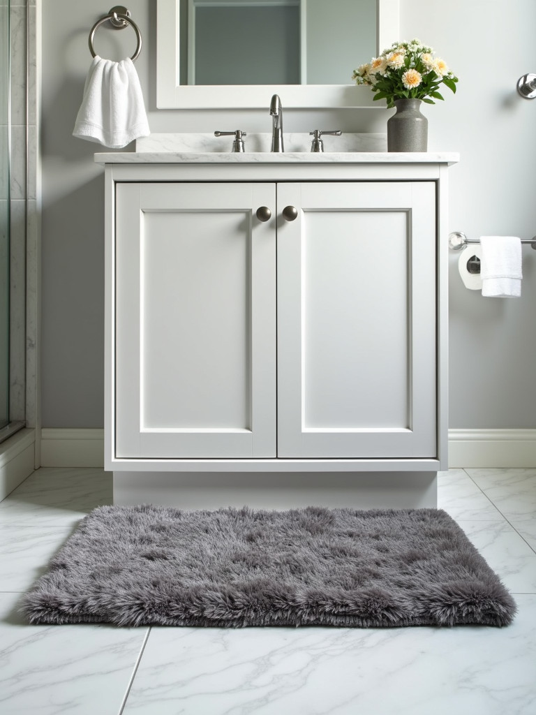 Bathroom with a plush, gray bath mat