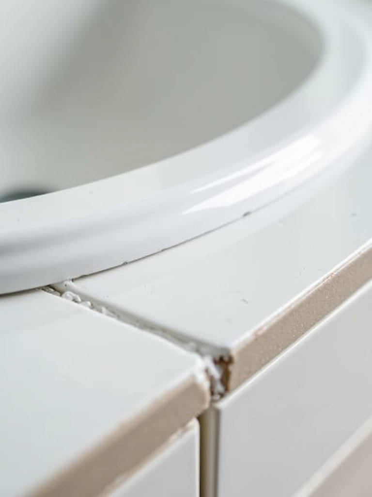 A close-up of a newly caulked edge between a sink and countertop, emphasizing cleanliness and a fresh look.