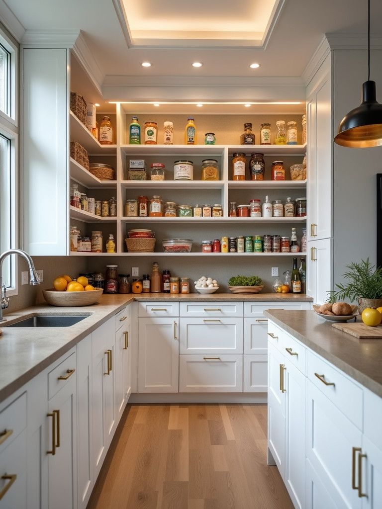 A well organized pantry in a modern kitchen filled with variety of food items