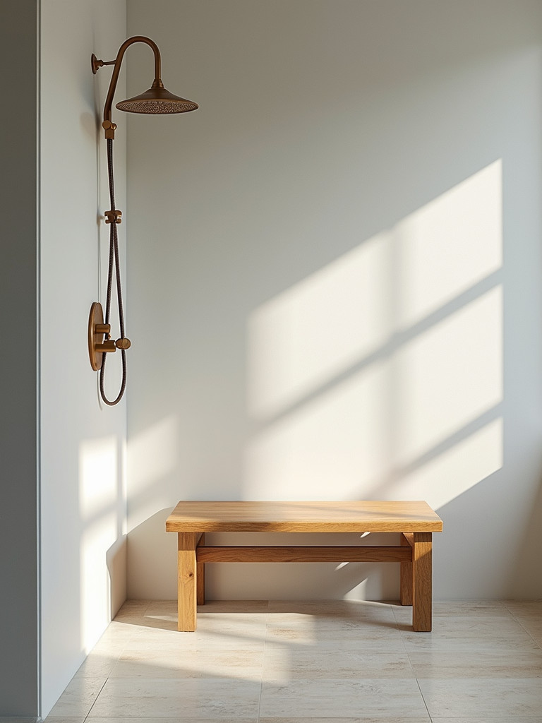 Bathroom with a small wooden bench by the shower
