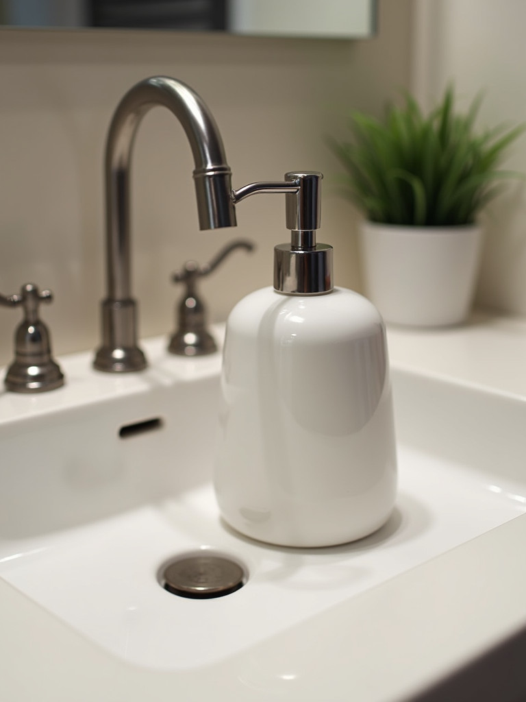 A bathroom sink with an elegant ceramic soap dispenser.