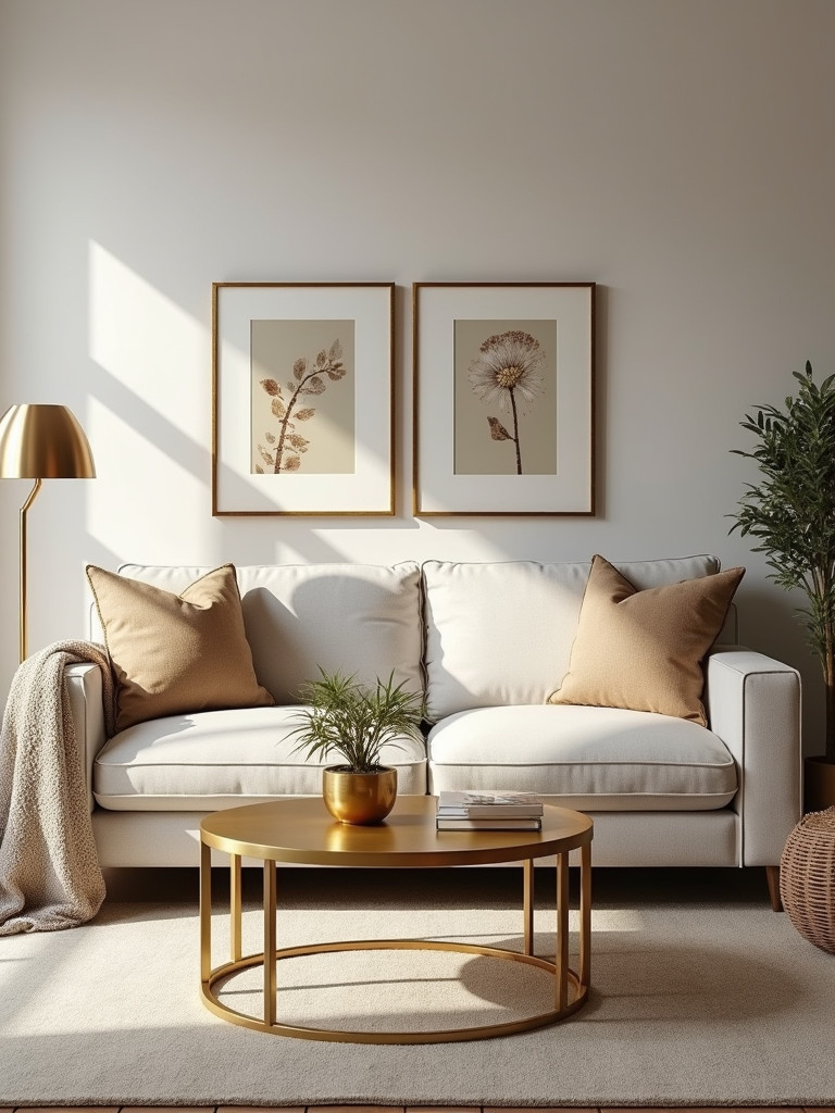 A living room with metallic accents, including a gold coffee table and lamp