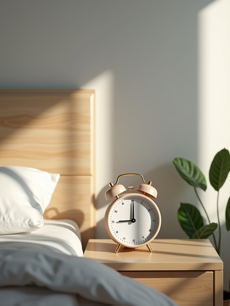 A minimalist bedroom featuring a simple alarm clock on the nightstand, with natural light and a bed and plant in the background