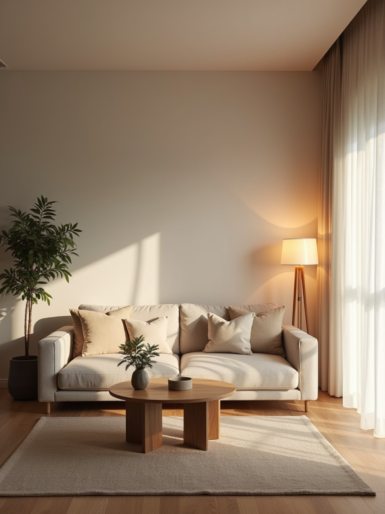 Layered ambient lighting creating an inviting and relaxing minimal living room environment