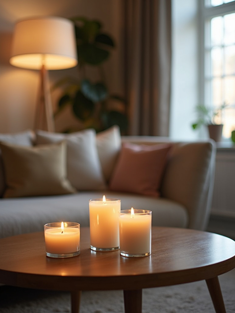 Styled coffee table with set of ambient scented candles, lamp and window light, high angle shot.