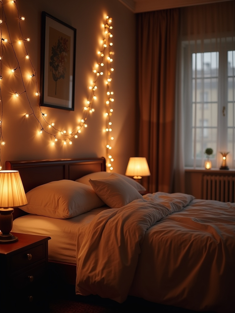 Soft string lights create a warm ambiance in this calming bedroom scene.