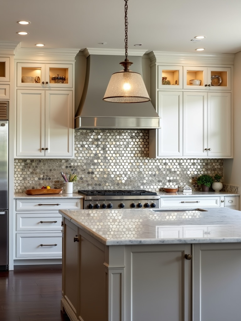 A traditional kitchen with an antique mirror backsplash, adding a touch of sophistication and glamour