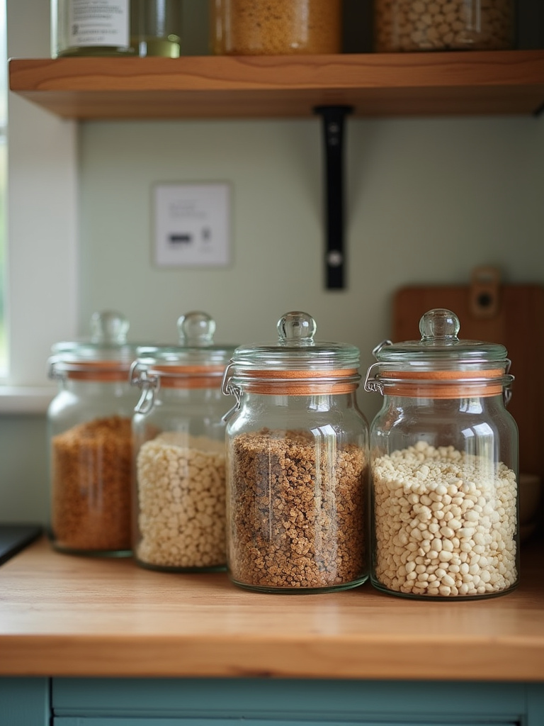 Apothecary jars holding dry goods are displayed on a counter in a small cottage kitchen, with warm and soft lighting.