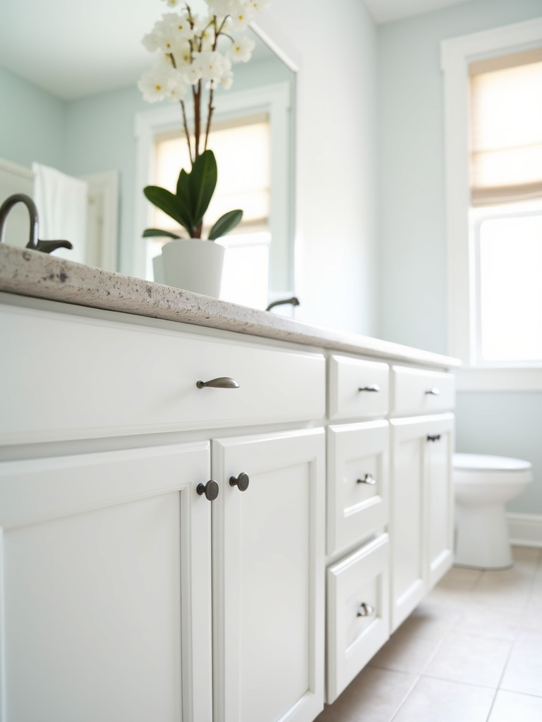 Bathroom vanity with freshly painted white cabinets