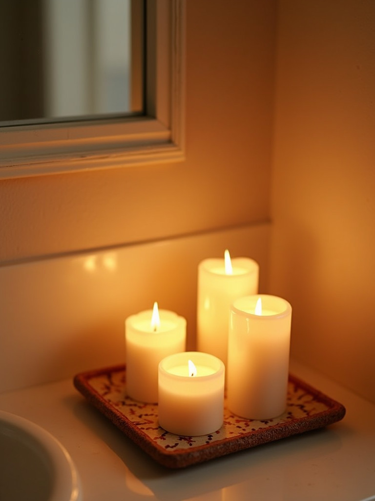 Aromatic candles on a tray in a bathroom