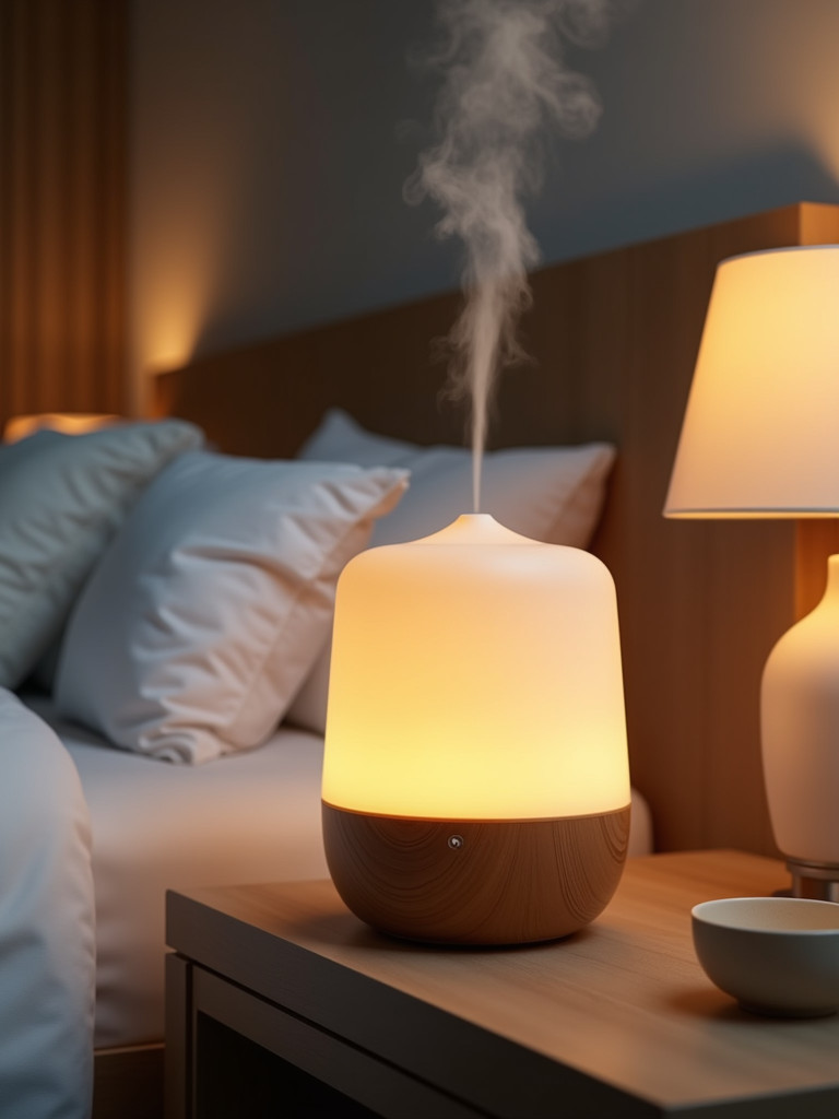 An aromatic diffuser emitting a soft mist on a nightstand in a bedroom
