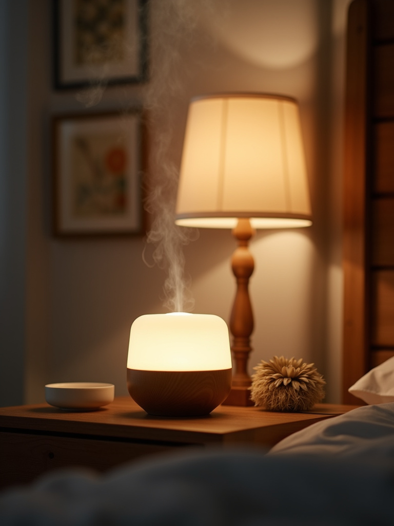 An essential oil diffuser provides a relaxing aromatherapy and ambiance to the bedroom at night.