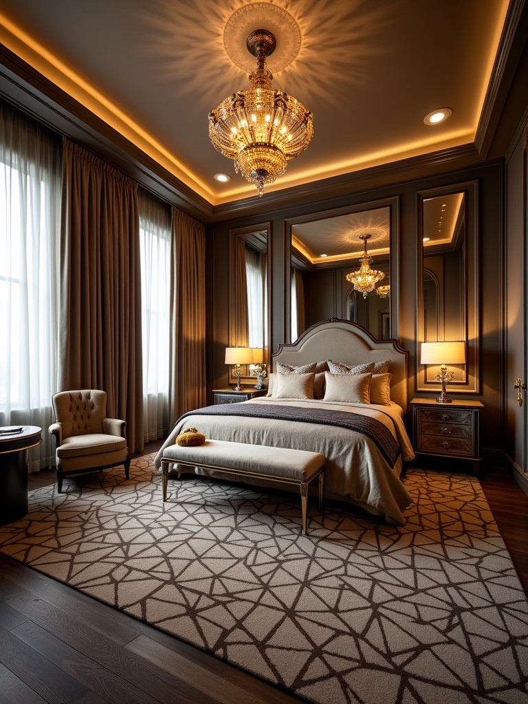 A full Art Deco bedroom scene showcasing a geometric patterned rug, a mirrored headboard, and velvet furniture.