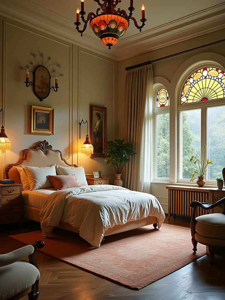 A full Art Nouveau bedroom with curved furniture, nature-inspired patterns, and stained glass.