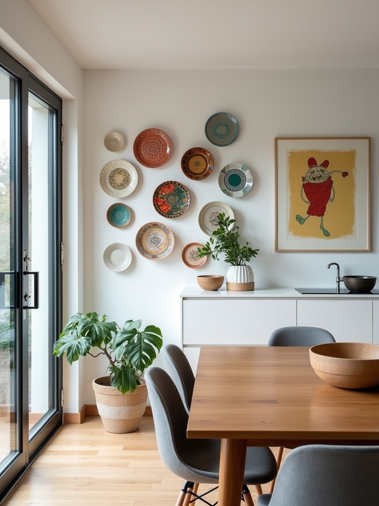 Contemporary kitchen with a wall display of colorful ceramic plates.