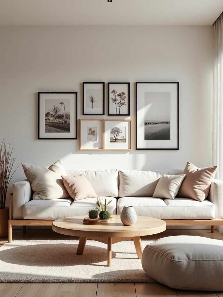 Living room featuring an artfully arranged gallery wall, neutral colors, high-angle shot.