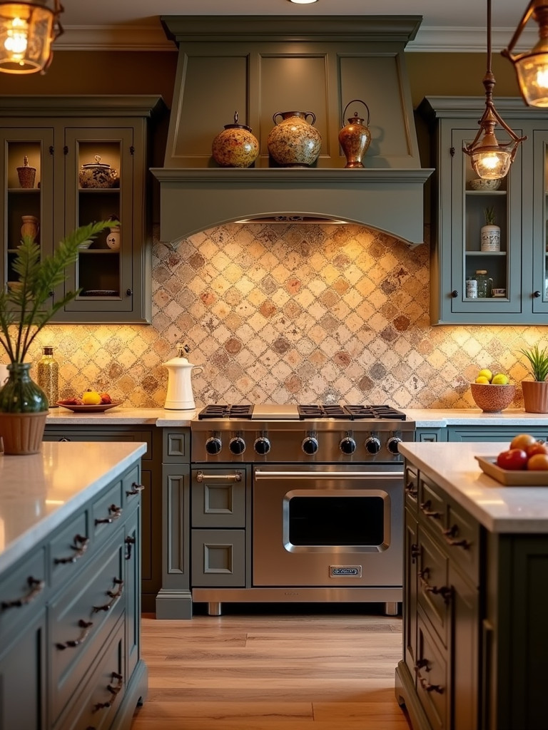 A traditional kitchen featuring an artisan-crafted tile backsplash, with unique pieces that show an artistic touch