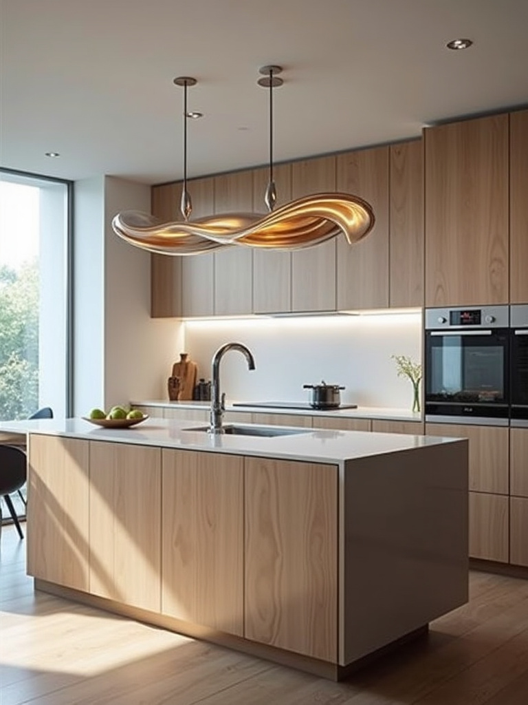 Modern kitchen with a uniquely designed, metal artistic lighting sculpture above a kitchen island.