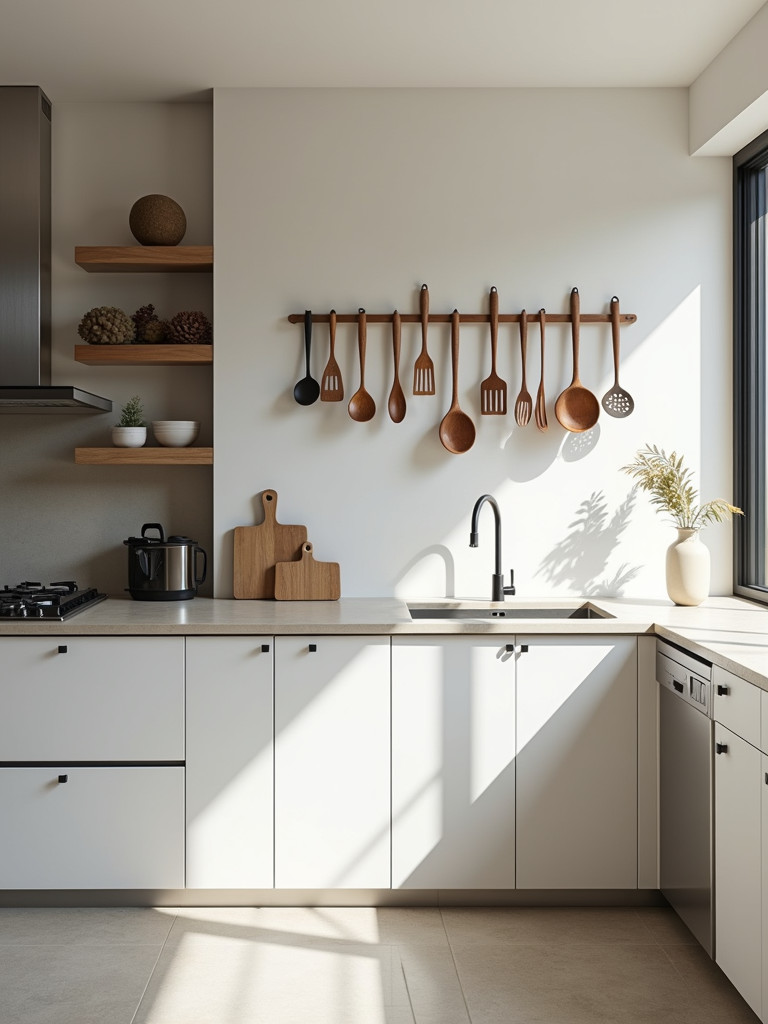 Modern kitchen with unique utensil holders on the wall.
