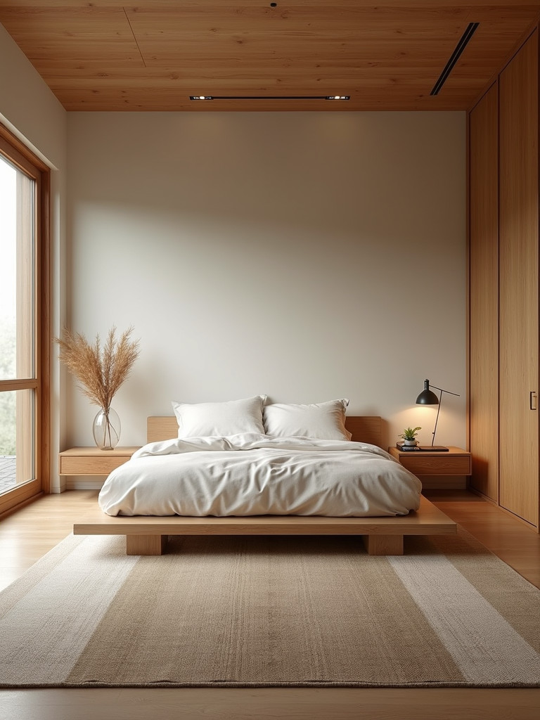 A full Asian-inspired bedroom with a low platform bed, minimalist design, and natural materials.